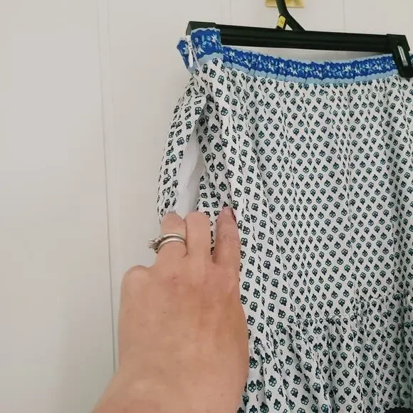 J. Crew Block Print Tiered Maxi Skirt Blue Boho Cotton Size XL - Picture 7 of 9